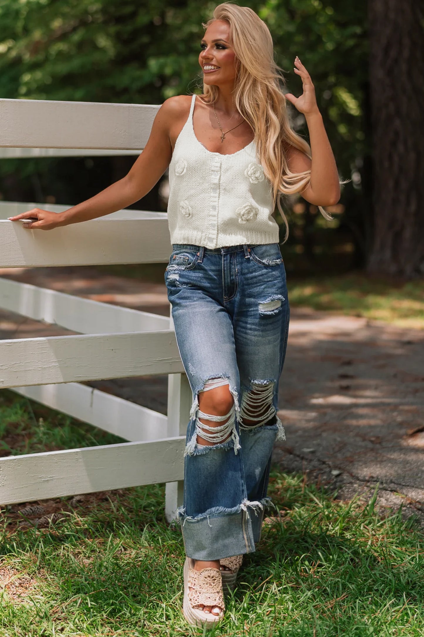 White 3D Flower Spaghetti Straps Sweater Vest