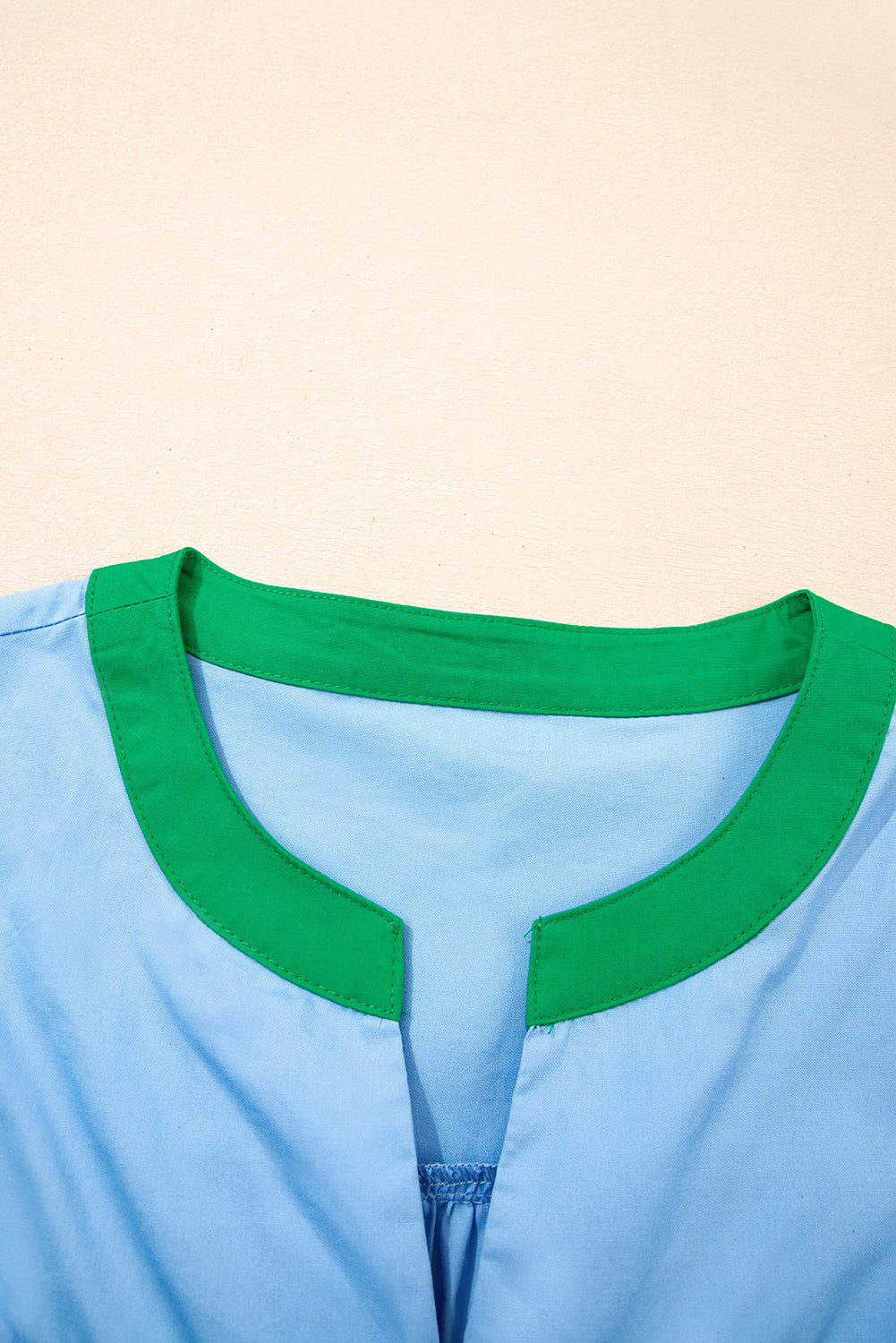 Mist Blue Contrast Notched Neck Frilly Detail Short Sleeve Blouse