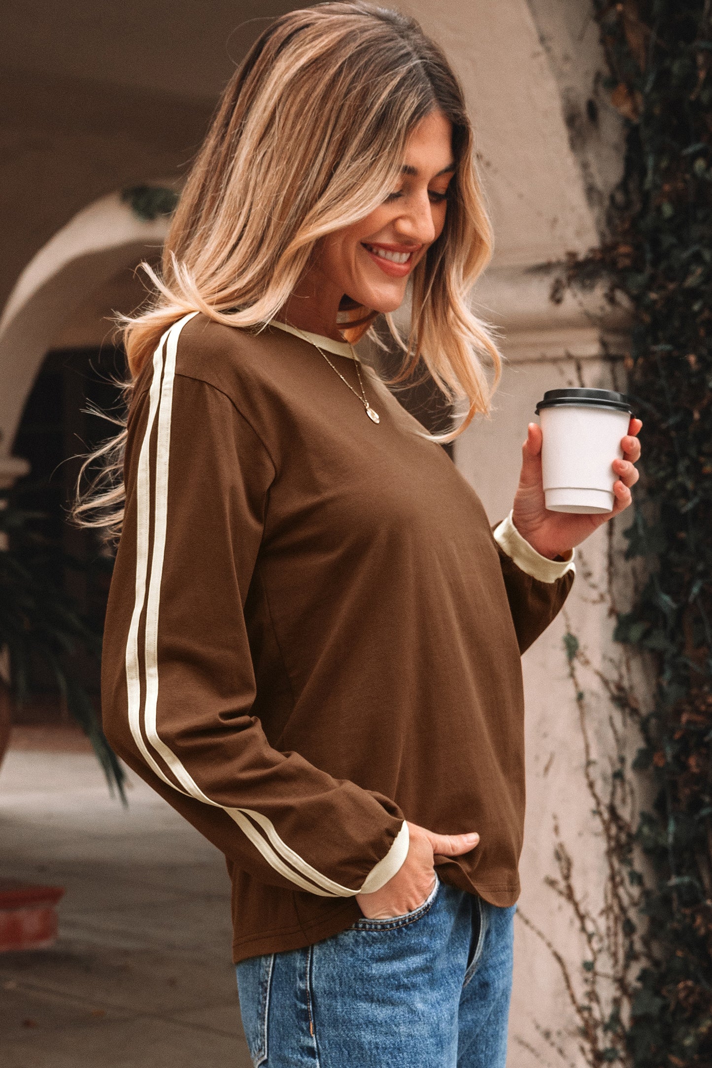 Bright Green Varsity Striped Accent Contrast Crew Neck Long Sleeve T Shirt