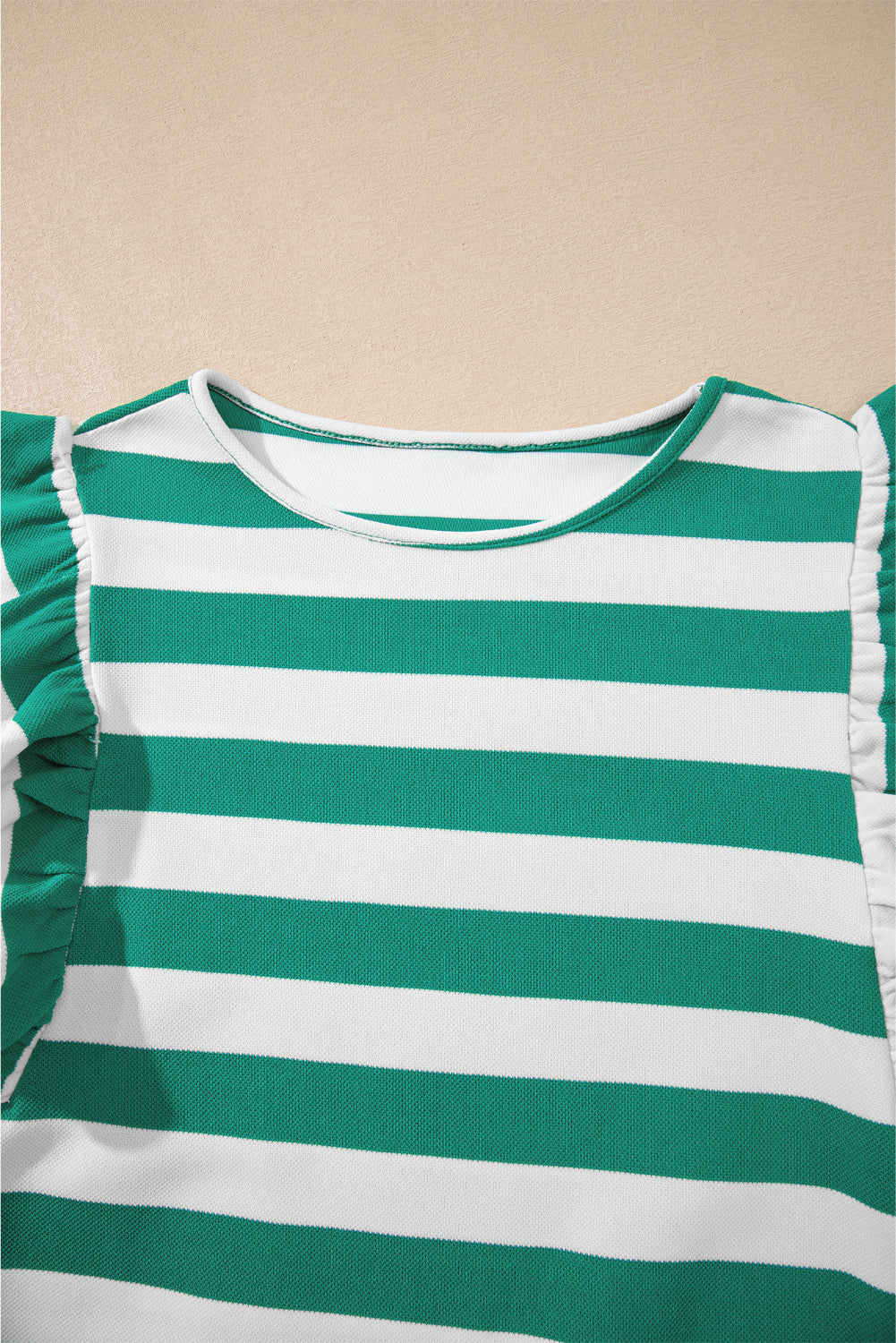 Green Stripe Flutter Sleeve Round Neck T Shirt
