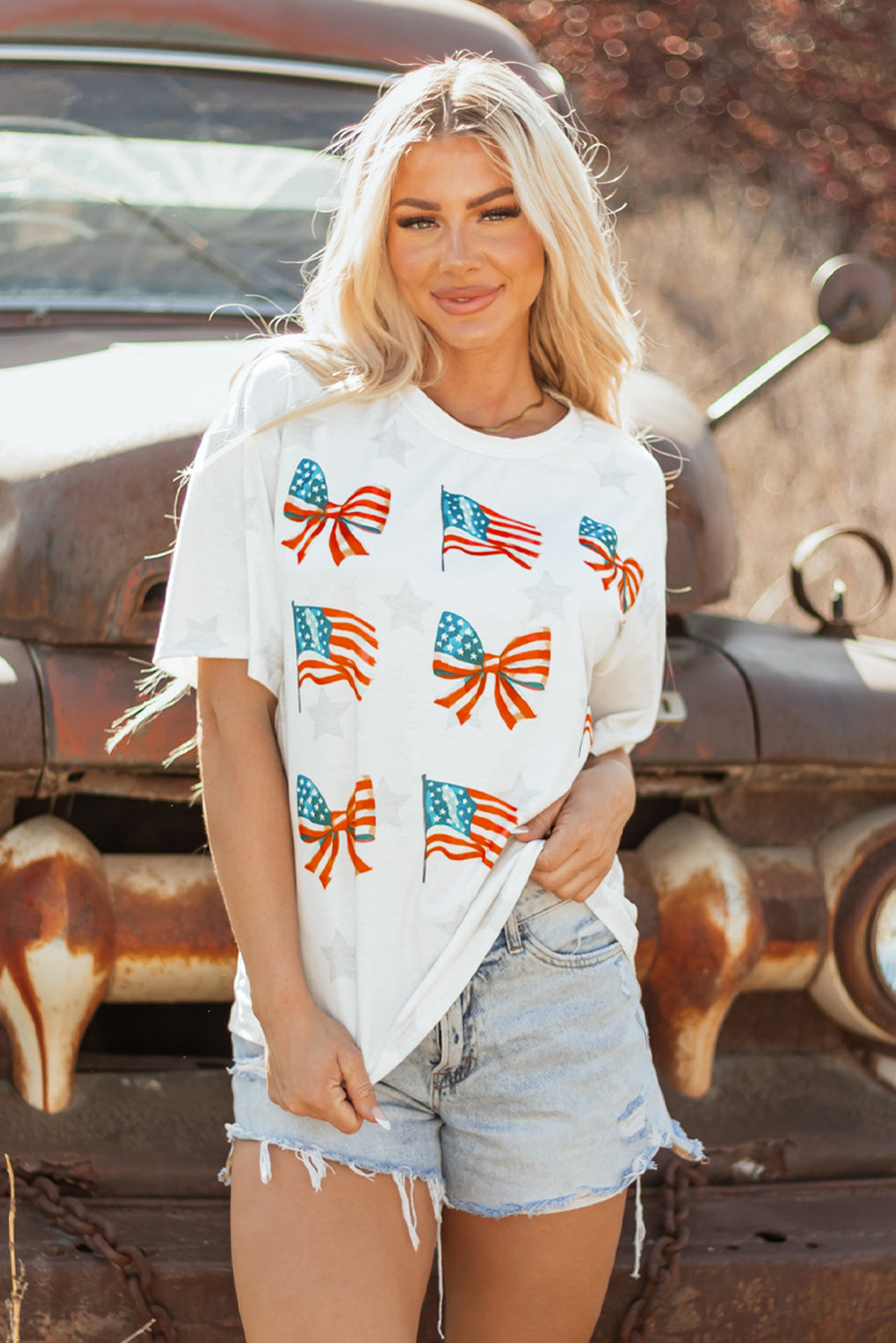 Khaki Patriotic Flag Bow Graphic Starry Round Neck T Shirt