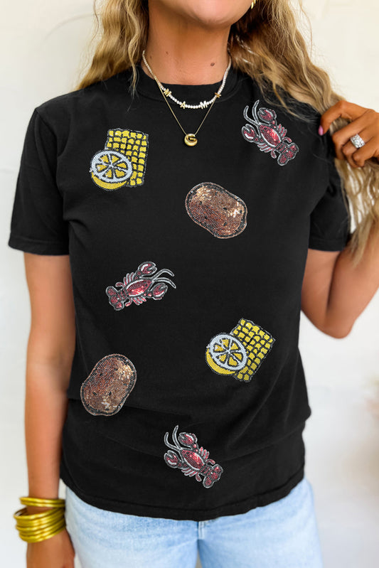 Black Sequin Crawfish Potato Lemon Corn Graphic Crewneck T Shirt