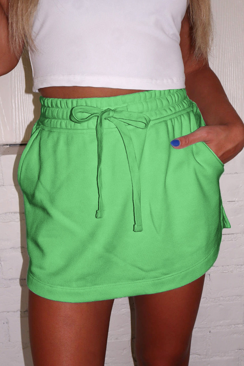 Light Green French Terry Drawstring Elastic Waistband Mini Skort with Pockets