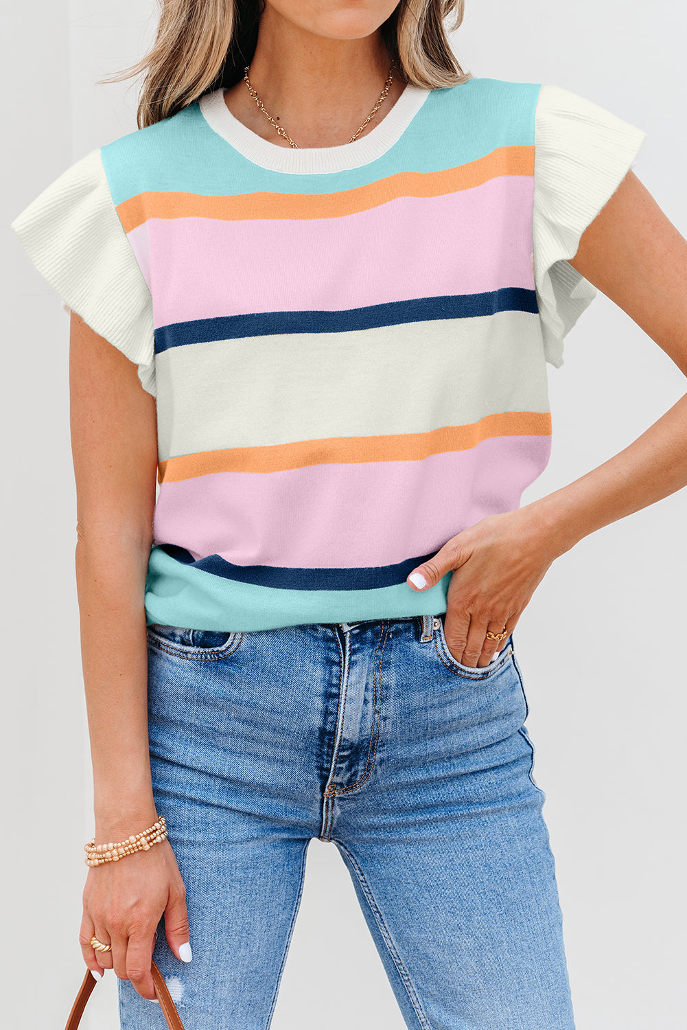 Multicolour Striped Color Block Flutter Sleeve Patchwork Sweater Top
