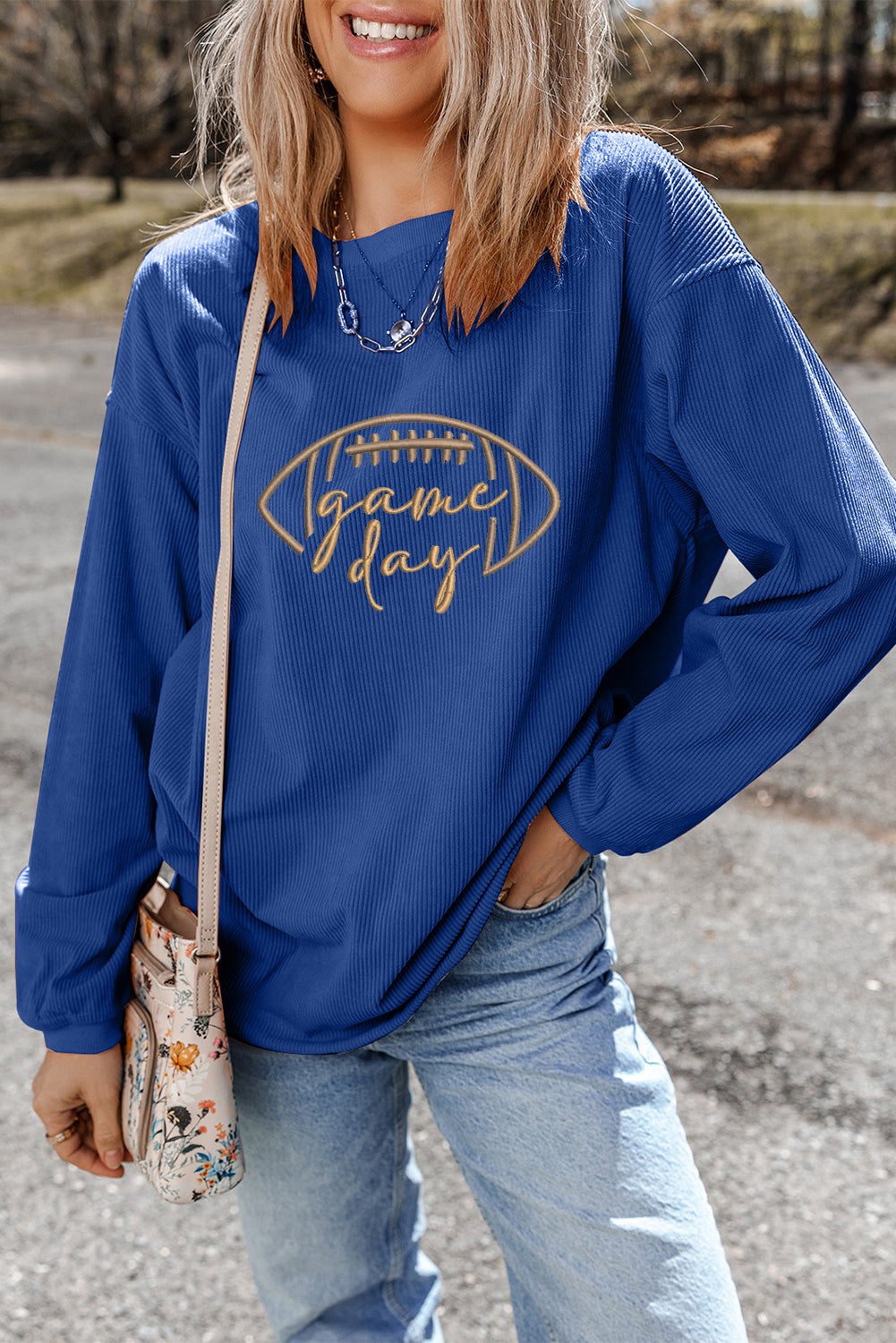 Dark Blue Rugby Game Day Embroidered Corduroy Sweatshirt