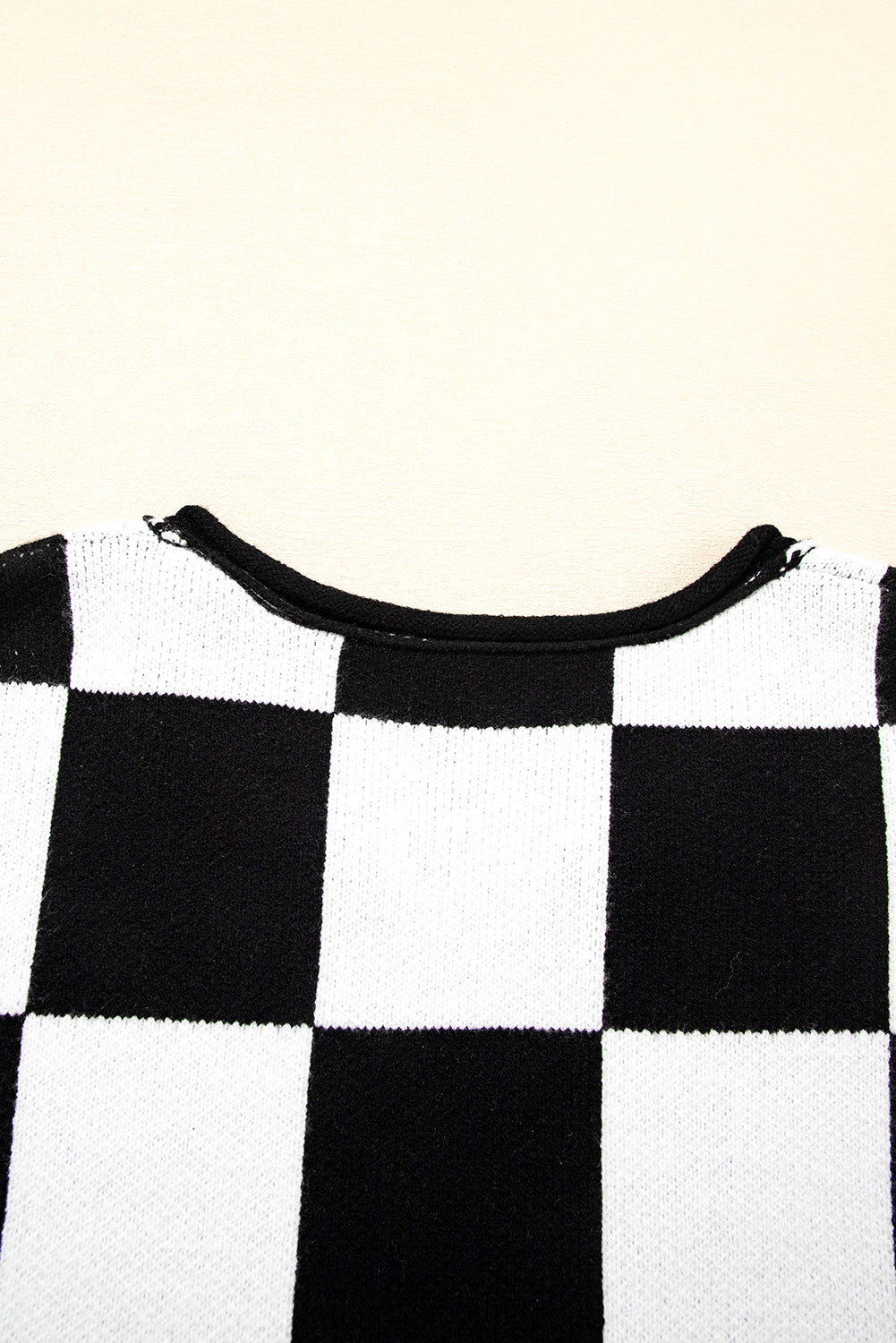 Black Checked Notched Neckline Drop Shoulder Knit Sweater