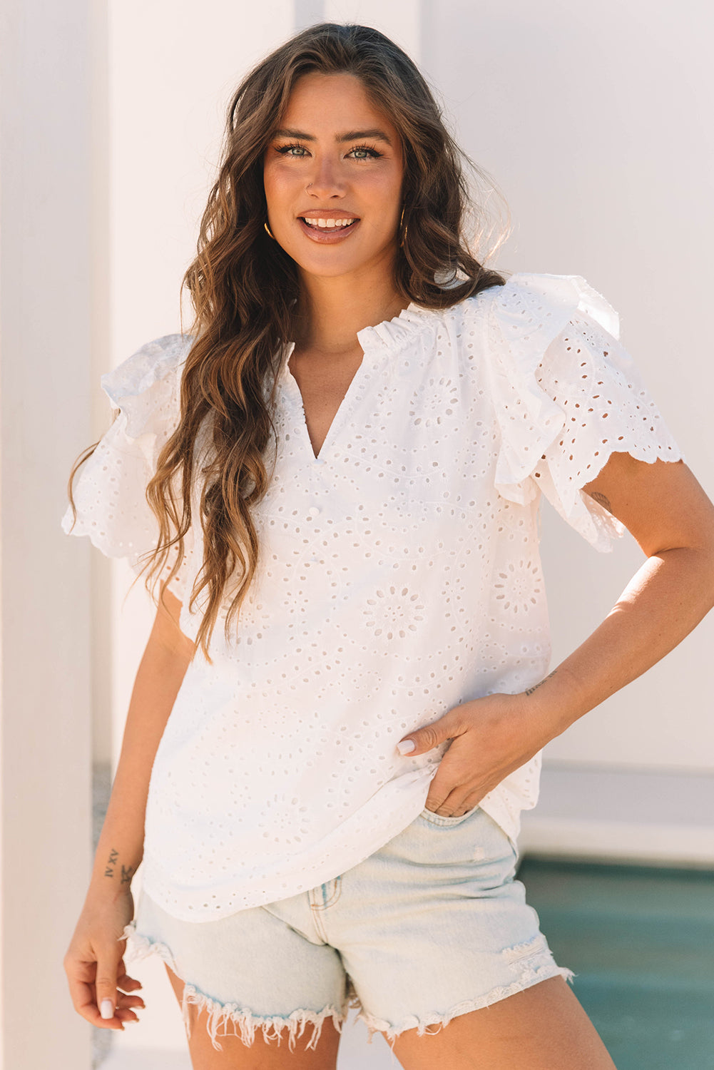 White Broderie Anglaise Ruffle Short Sleeve Blouse