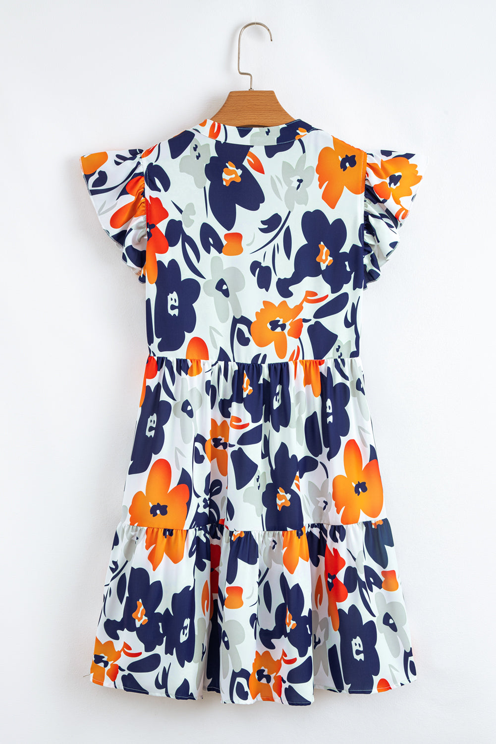 Orange Floral Print Notched Neck Flutter Sleeve Mini Dress