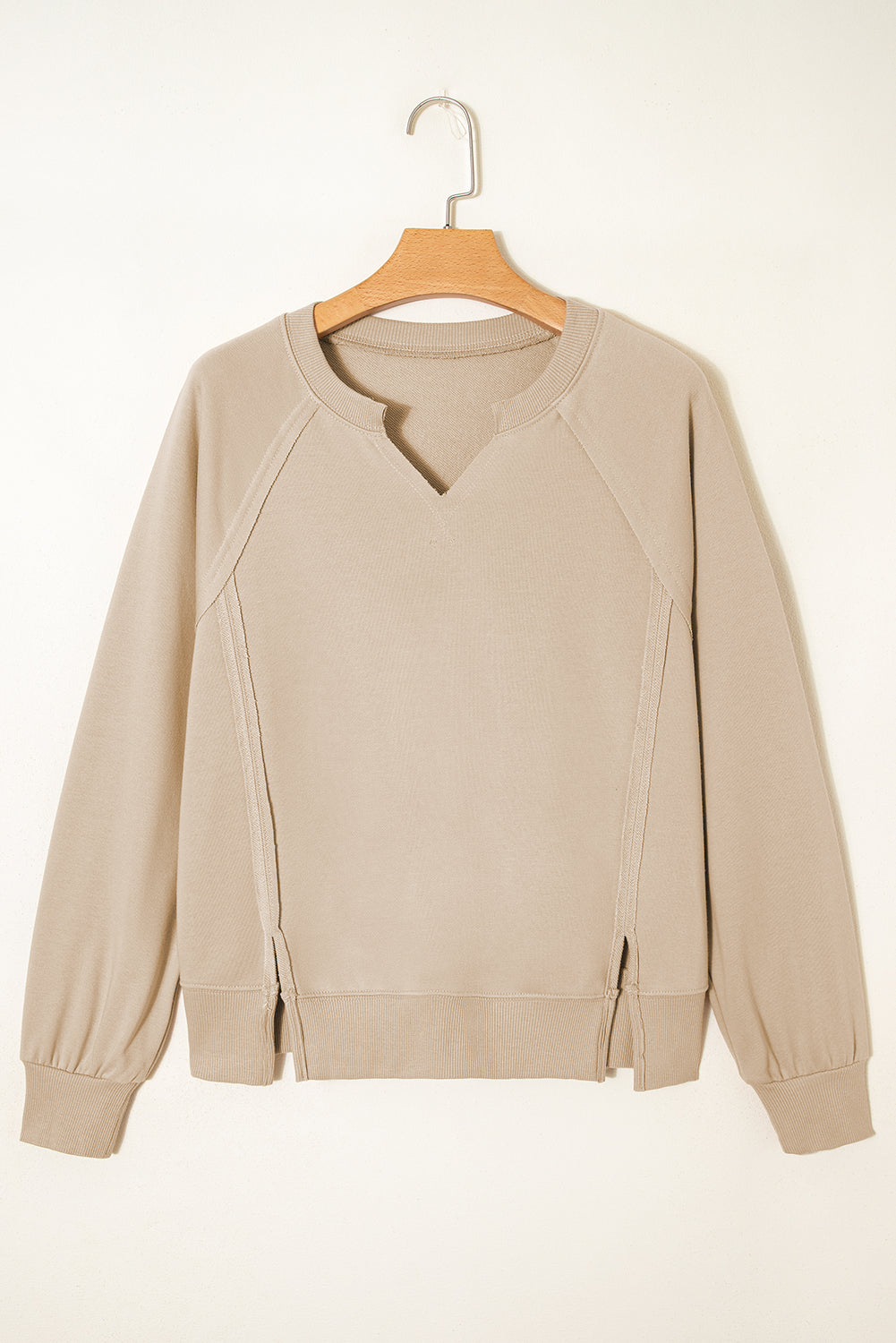 Parchment Raw Edge Exposed Seam Raglan Sleeve Side Slit Sweatshirt