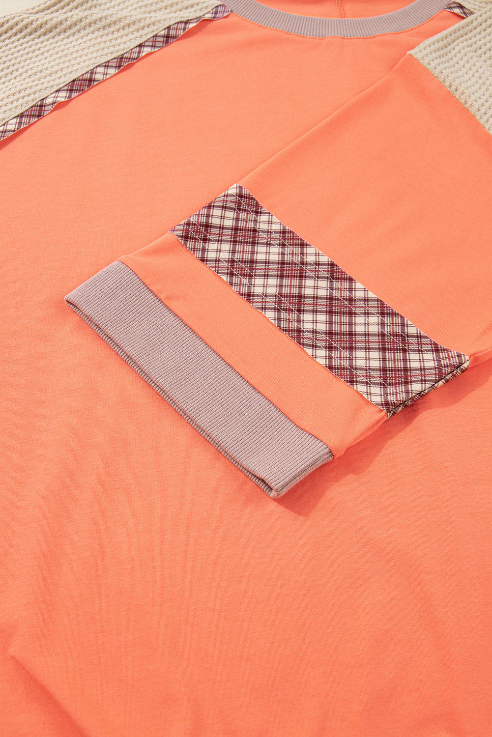 Grapefruit Orange Plaid Flower Waffle Patched Plus Size 3/4 Sleeve Top