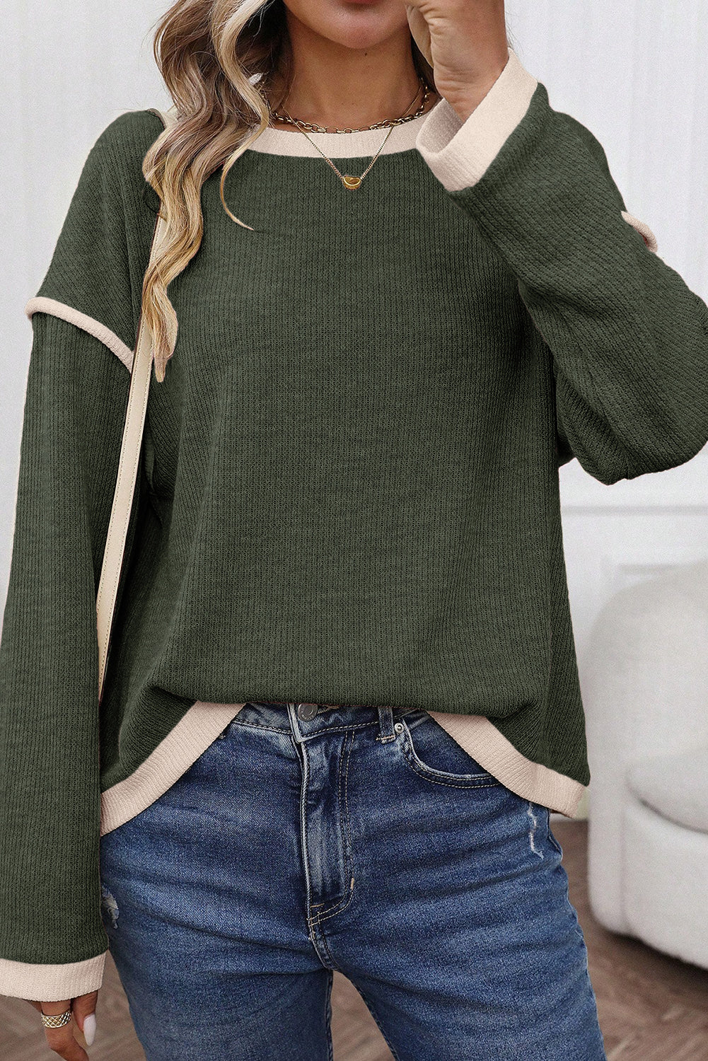 Four Leaf Clover Contrast Color Trim Knit Drop Shoulder Loose Top
