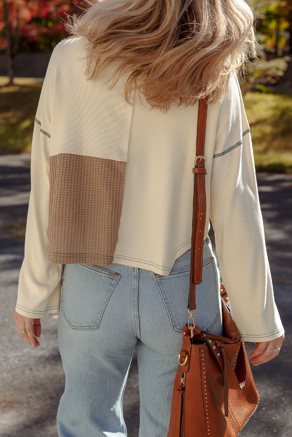 Beige Color Block Waffle Knit Stitch Detail Long Sleeve Top