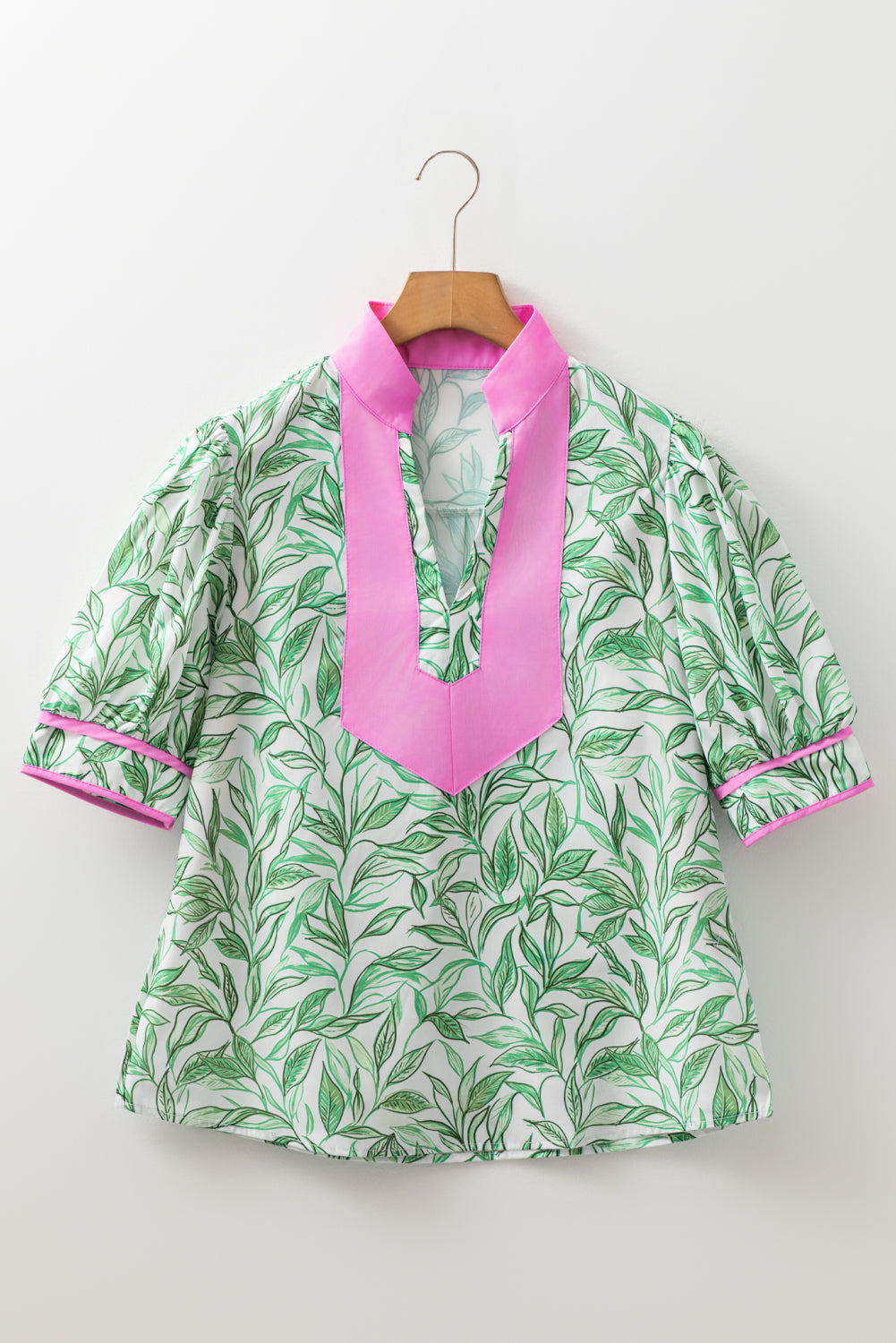Green Leaves Pattern Color Block V Neck Puff Sleeve Blouse