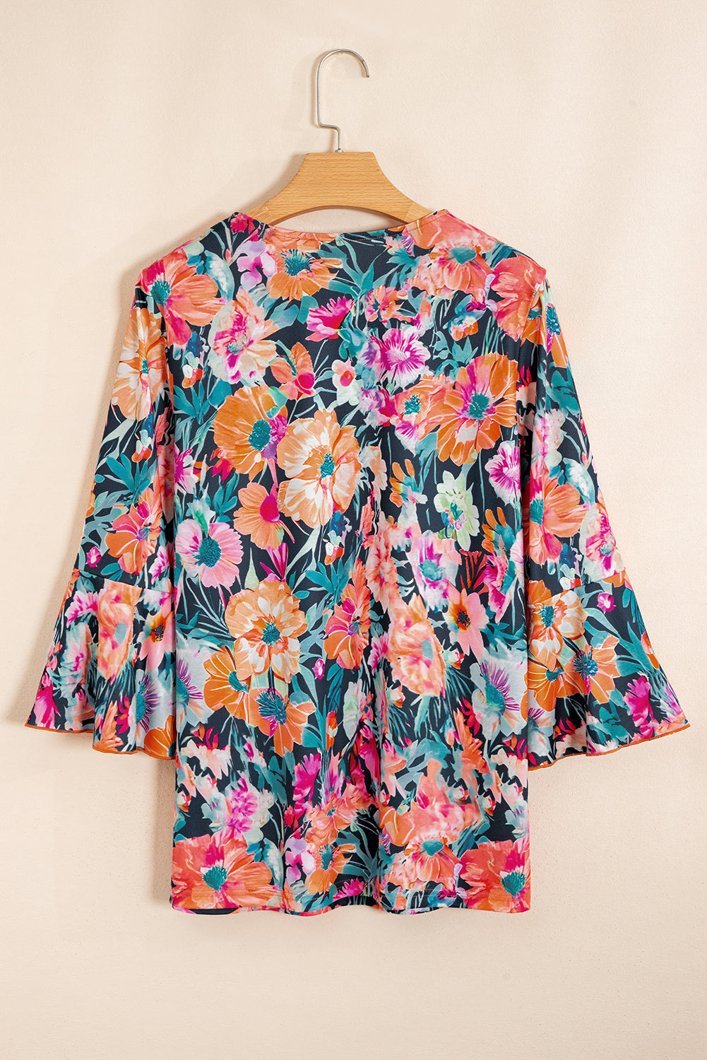 Black Floral 3/4 Flare Sleeve Tied V Neck Blouse