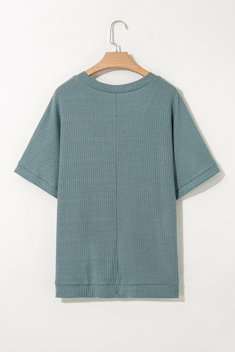 Moonlight Jade Oversized Ribbed Knit V Neck Dolman Short Sleeve Top