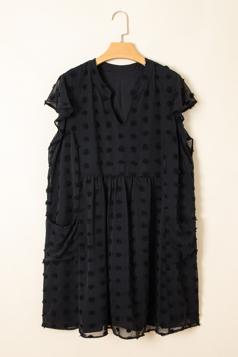 Black Dotty Textured Notched Neck Plus Ruffled Dress