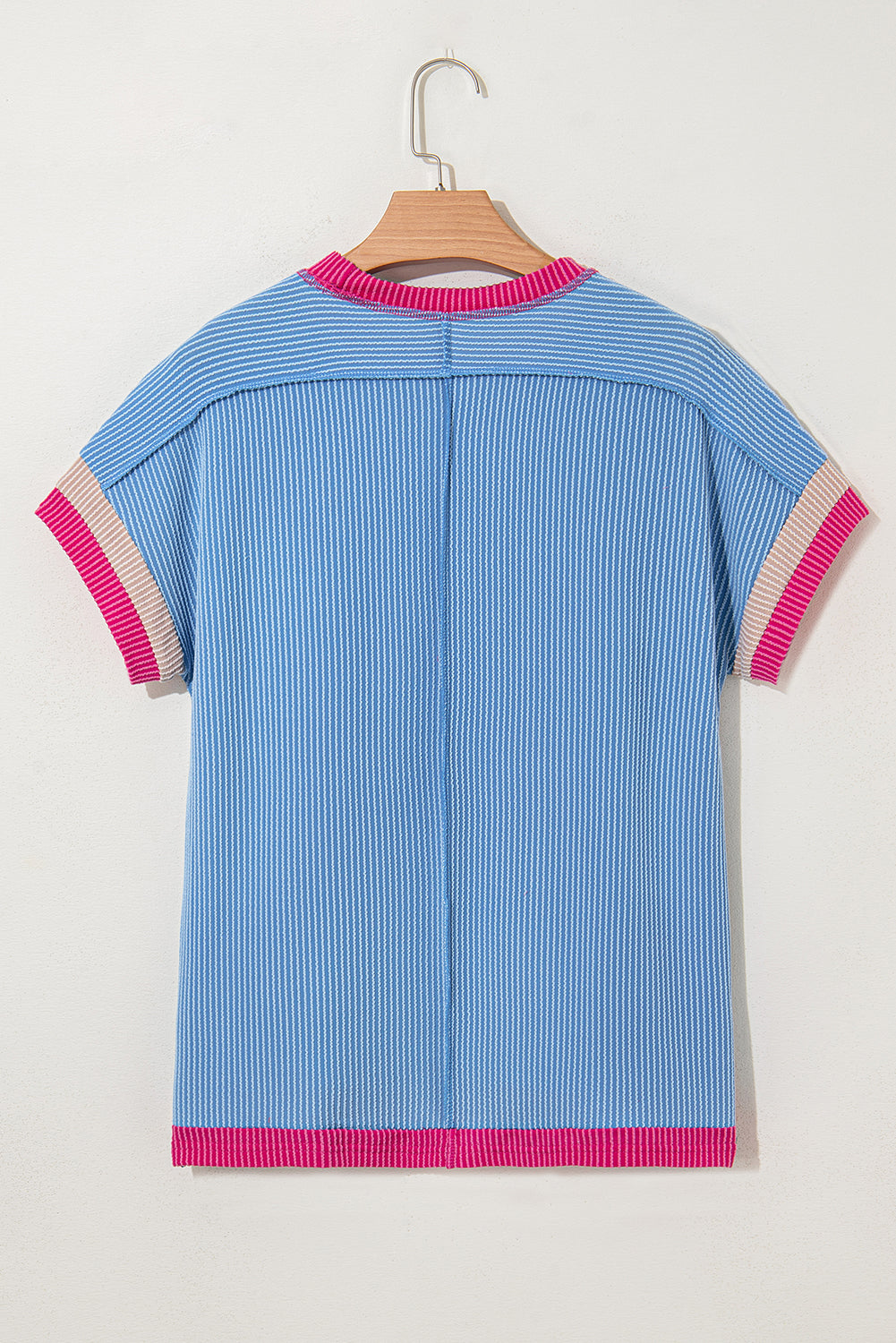 Sky Blue Textured Contrast Trim Round Neck T Shirt