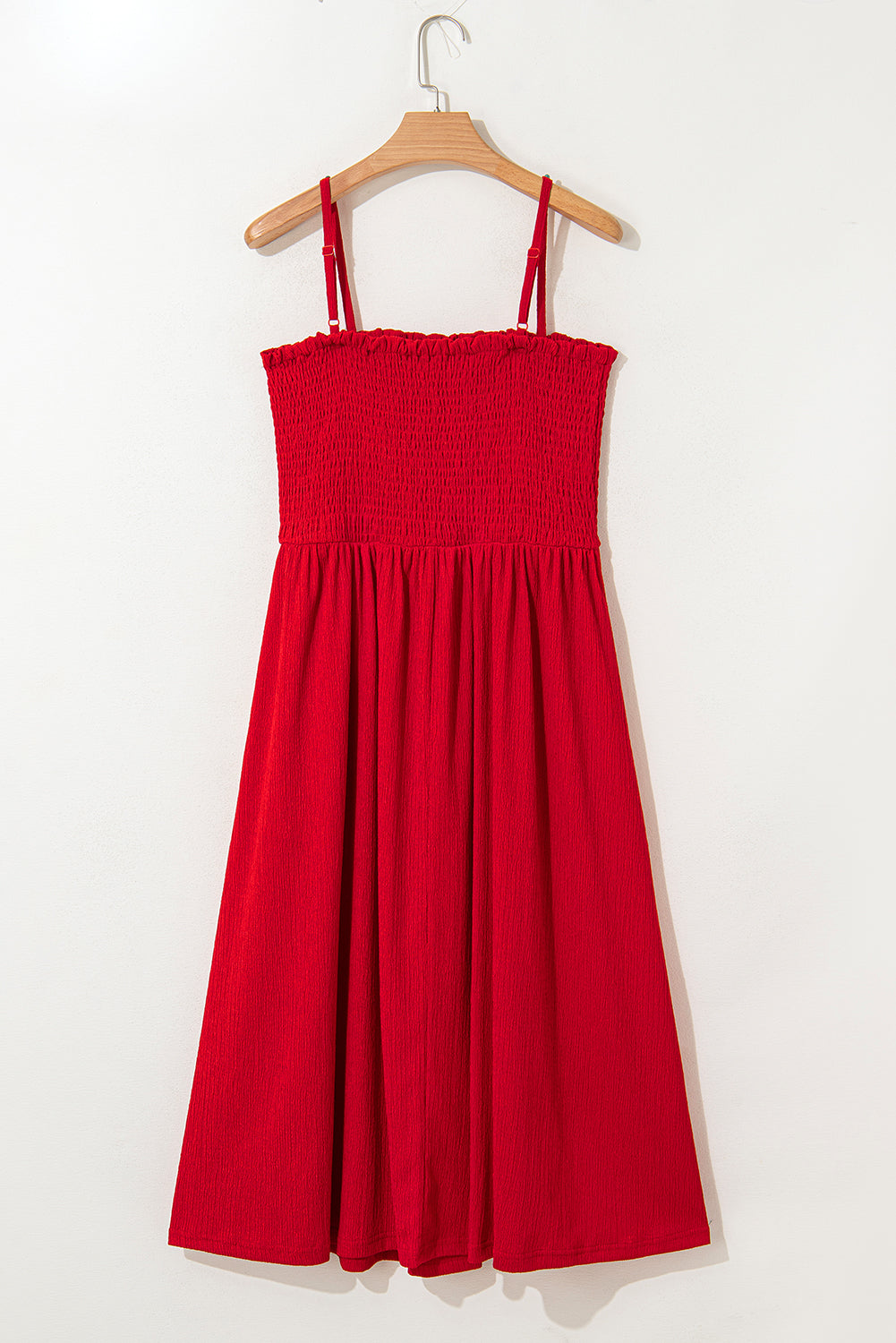 Racing Red Textured Shirred Ruffled Trim Spaghetti Strap Midi Dress