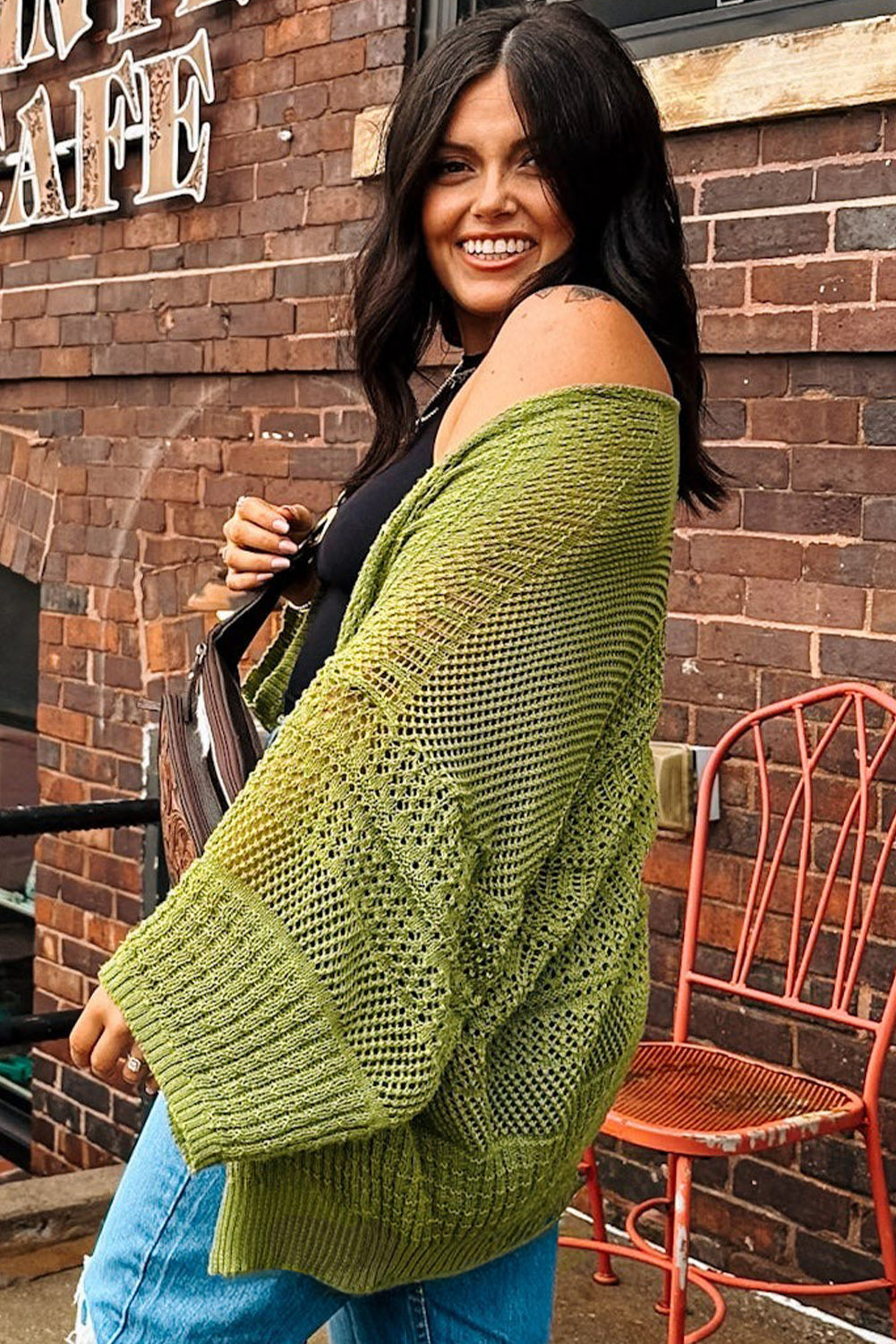 Spinach Green Oversize Crochet Knit Open Cardigan