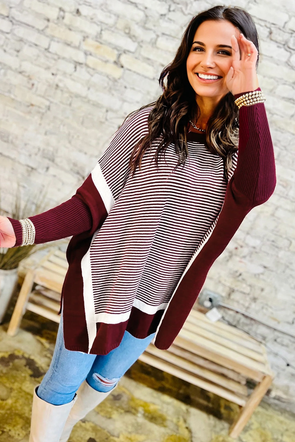 Red Stripe Color Block Patchwork Dolman Oversize Tunic Sweater