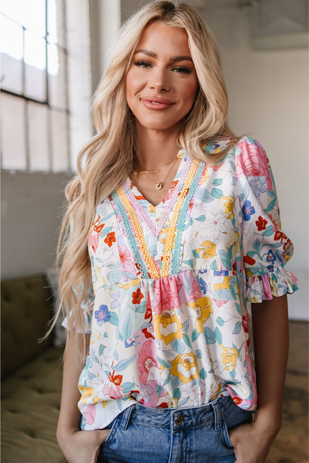 Pink Boho Flower Print Half Puff Sleeve Blouse