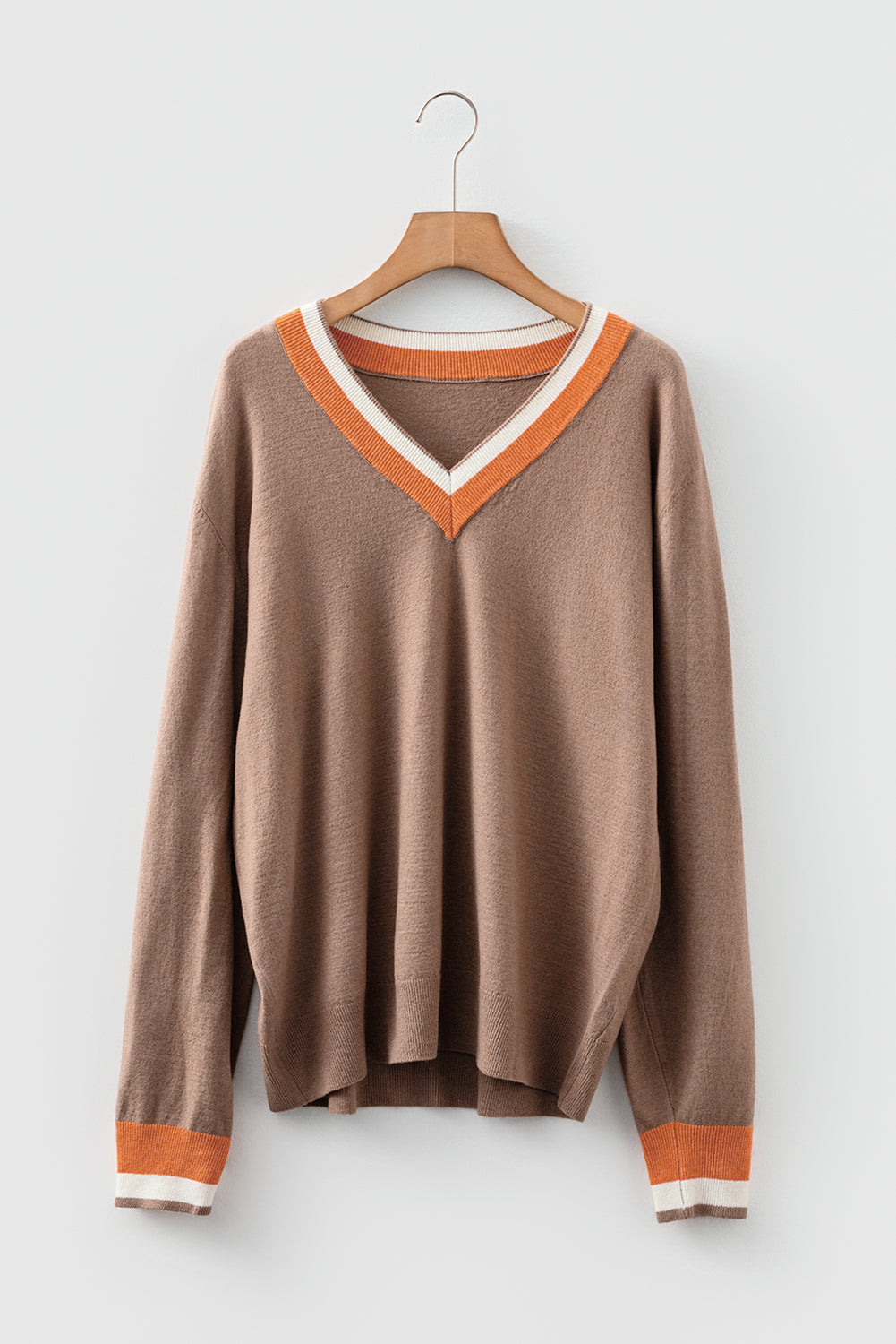 Dark Khaki Contrast Striped Trim V Neck Varsity Sweater