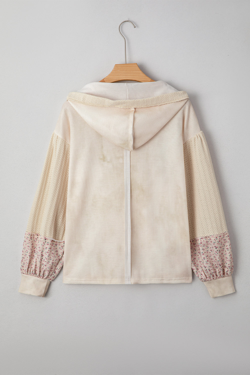 Beige Floral Patched Waffle Textured Colorblock V Neck Casual Hooded Top