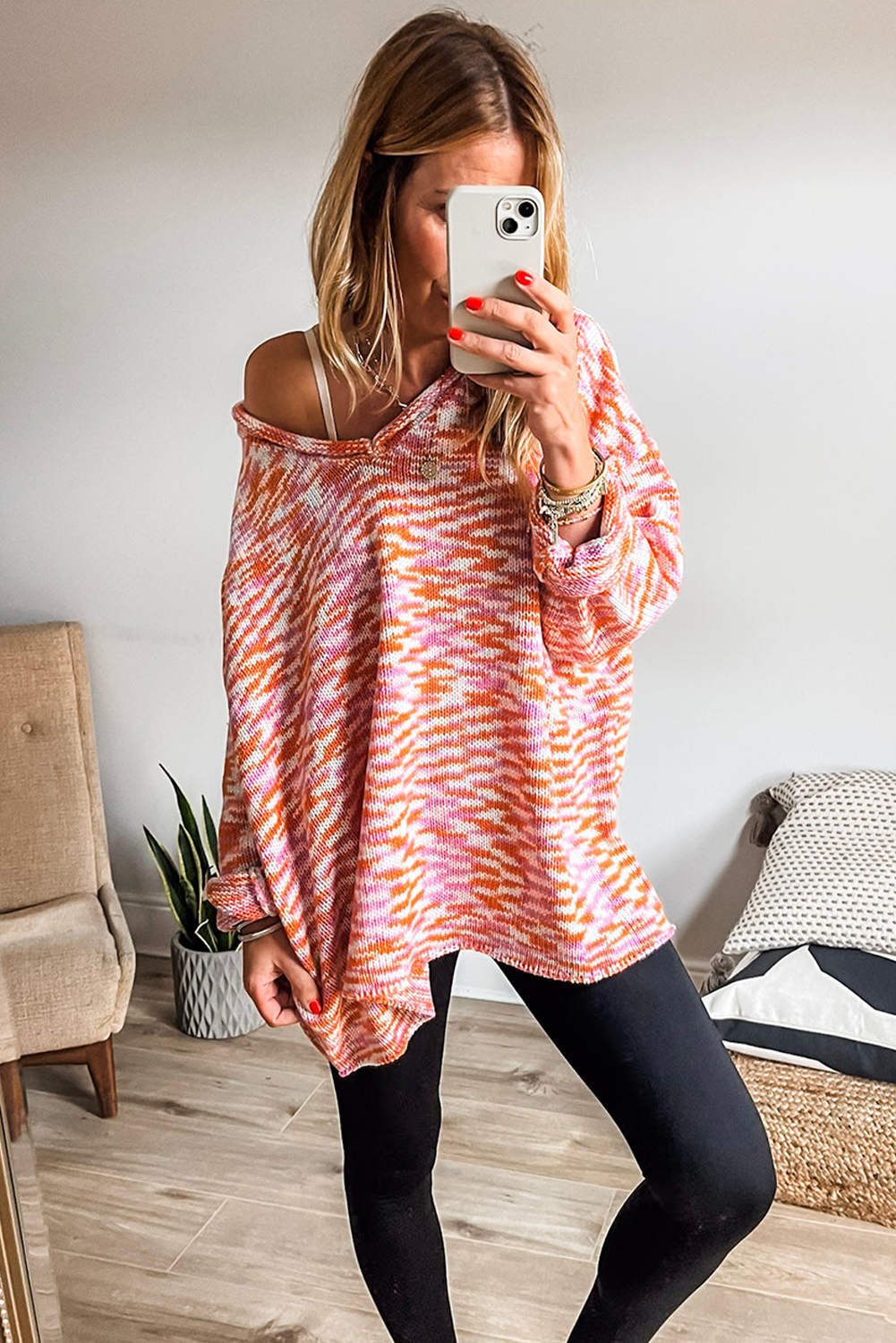Orange Vibrant Abstract Print Drop Shoulder V Neck Tunic Oversized Sweater