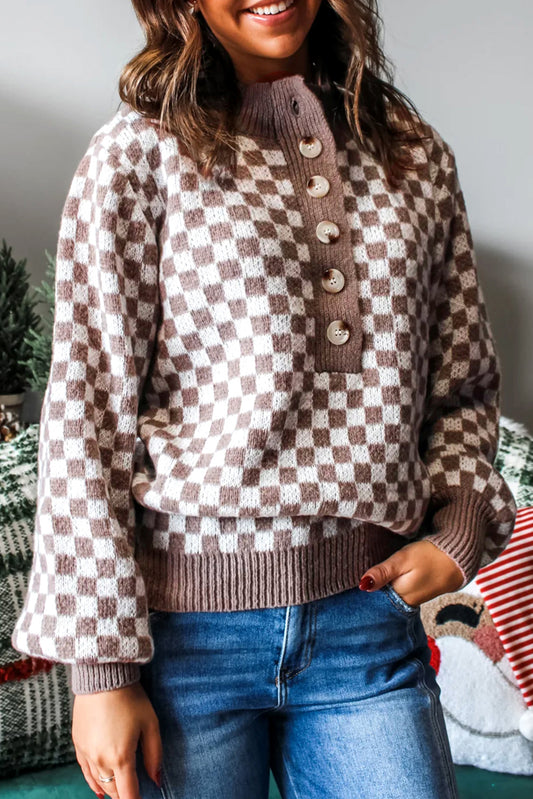 Dark Brown Half Button Ribbed Trim Checkerboard Knit Sweater