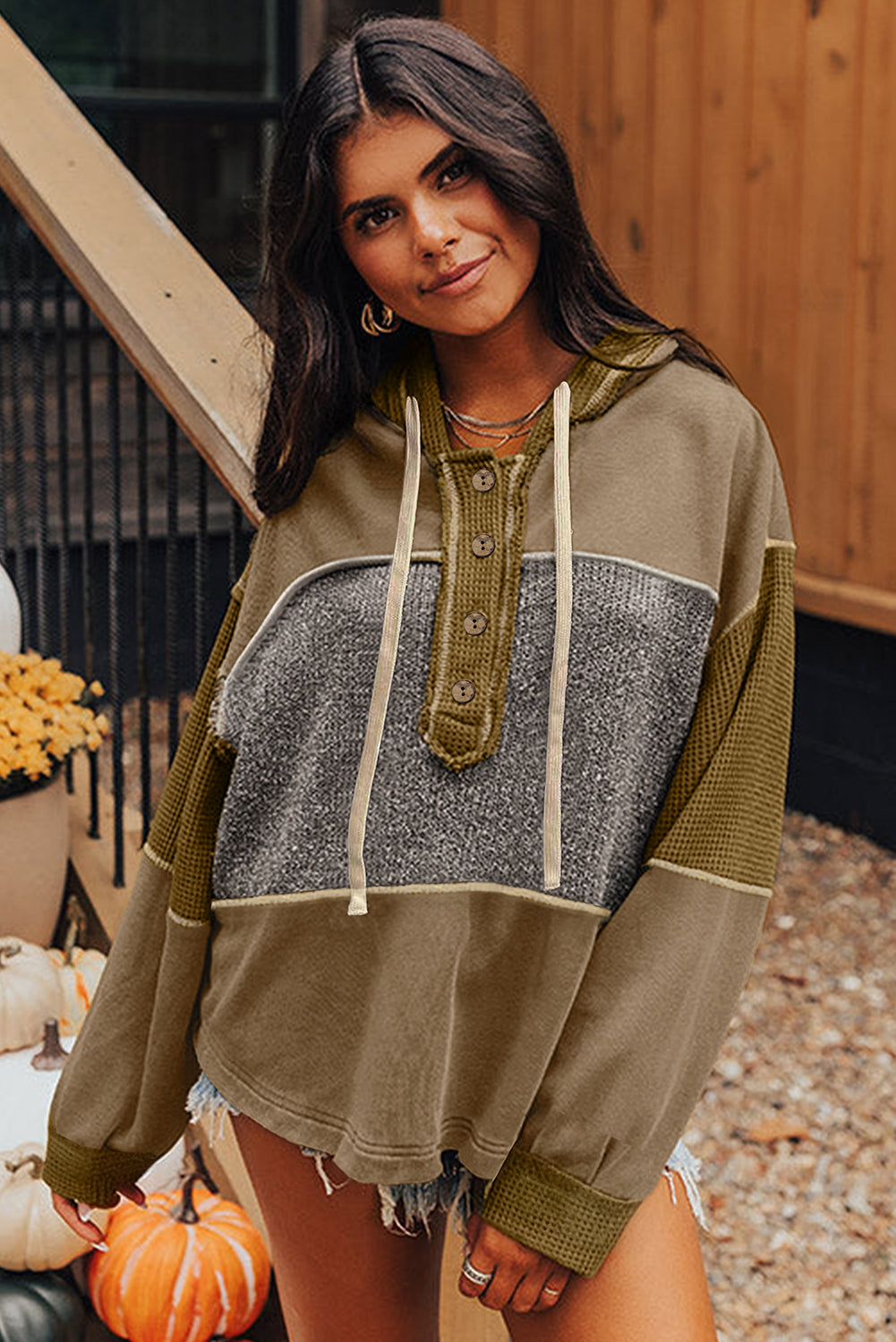 Jungle Green Mixed Texture Patchwork Exposed Seam Half Button Pullover Hooded Sweatshirt