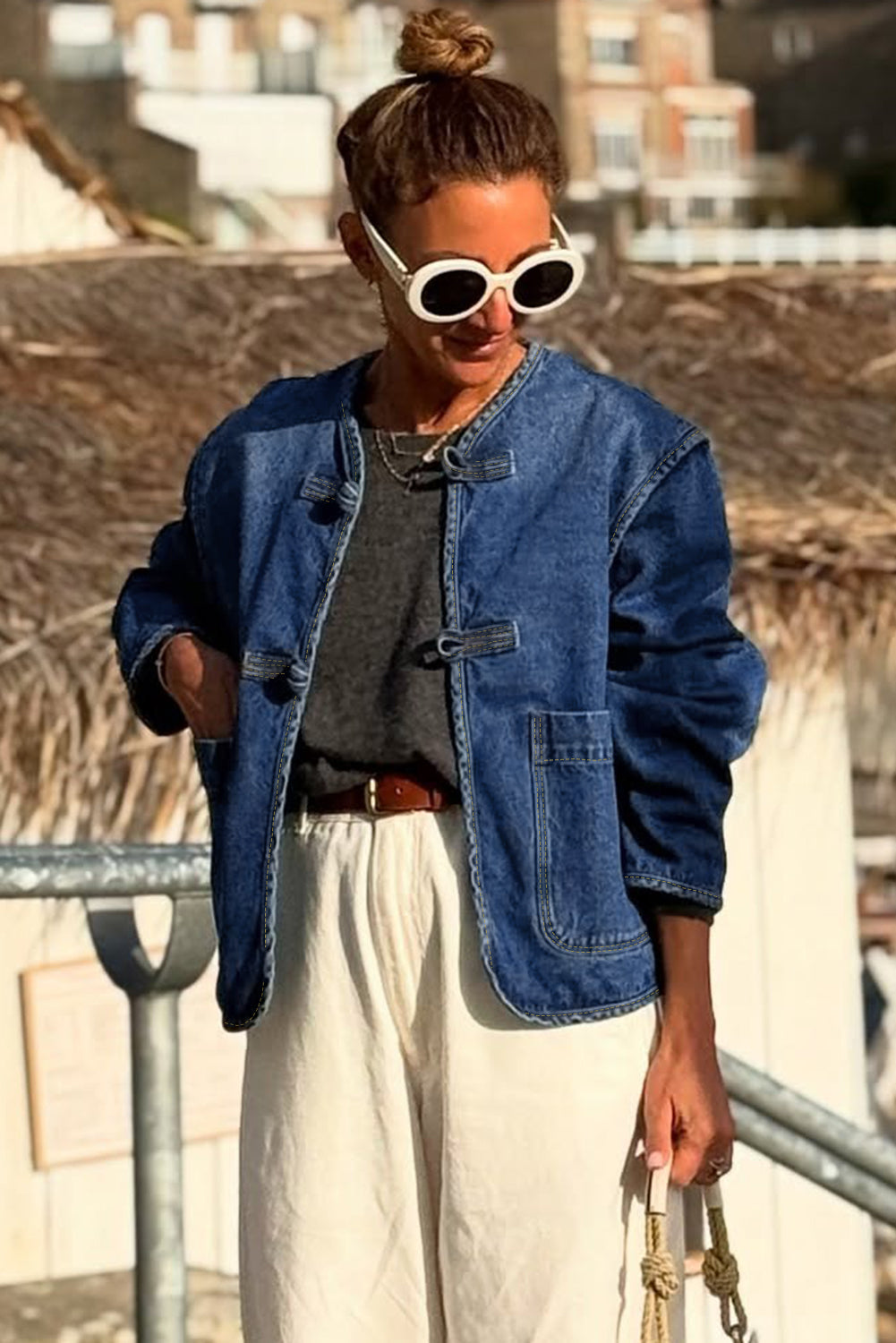 Sail Blue Vintage Fastening Big Patched Pockets Straight Cut Deep Wash Denim Jacket