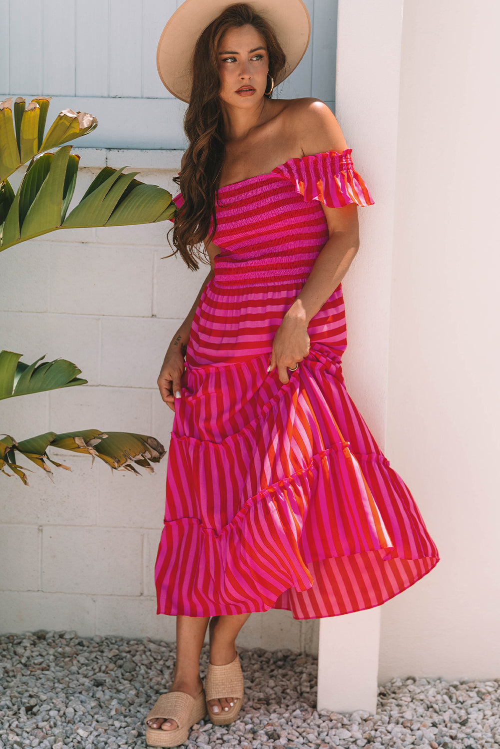 Rose Stripe Flutter Sleeve Smocked Bodice Tiered Maxi Dress