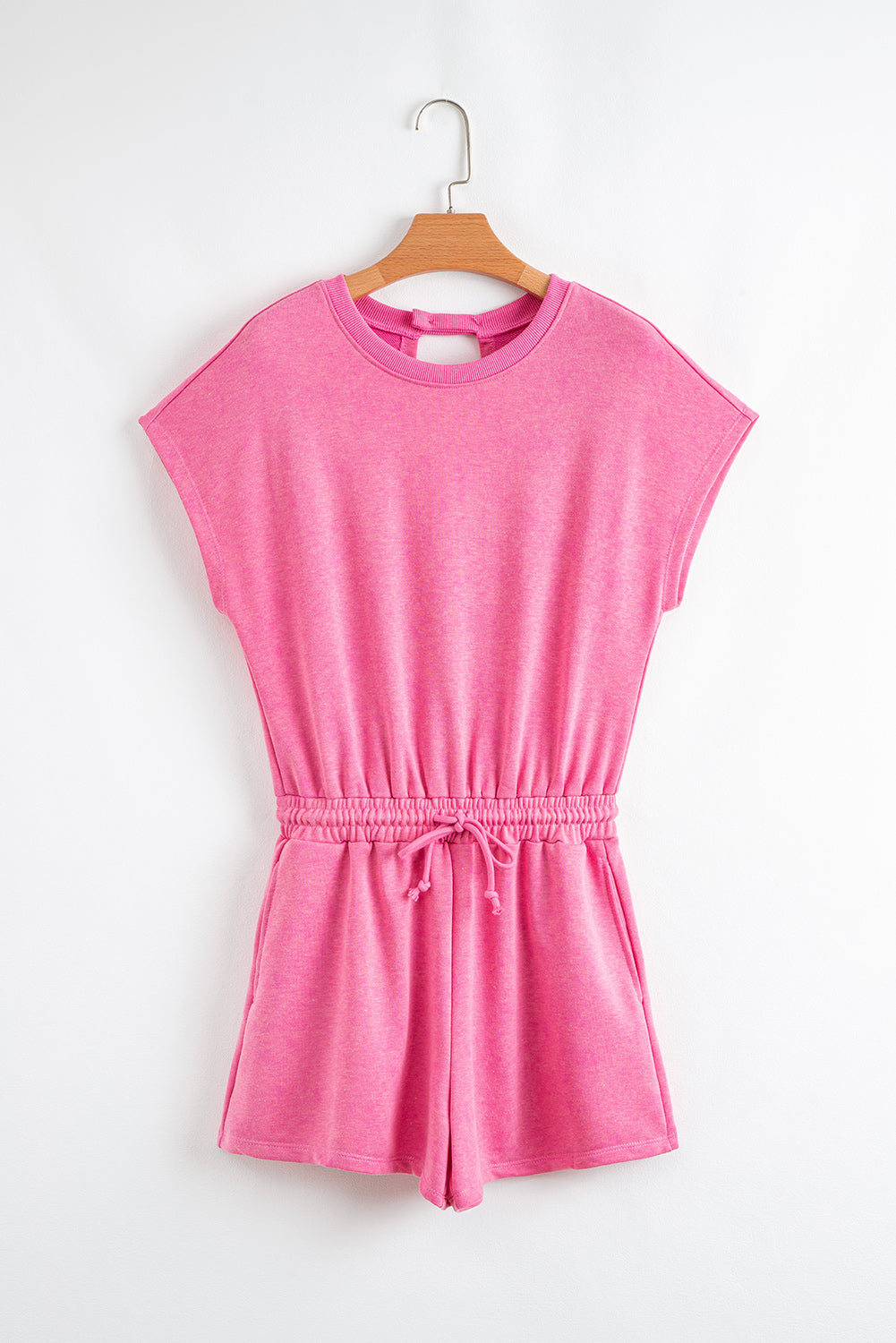 Bonbon Mineral Wash Drawstring Elastic Waistband Hollow Out Back Short Sleeve Romper