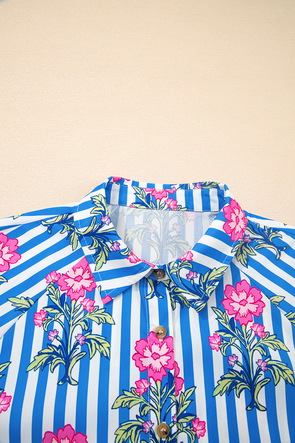 Blue Striped Floral Print Buttoned Cuffs Loose Fit Shirt