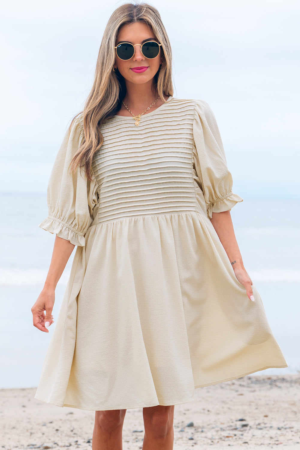 White Textured Ruffled Puff Sleeve Loose Dress