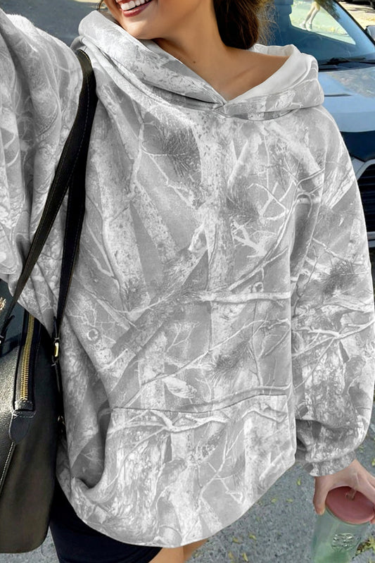Gray Camouflage Woodland Print Oversized Sporty Hoodie