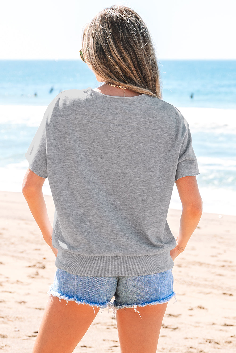 Light Grey USA Lettering Patch Notched Neck Loose Tee