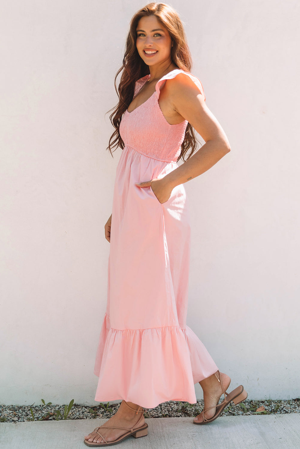 Pink V Neck Flutter Sleeve Smocked Bodice High Waist Ruffle Maxi Dress