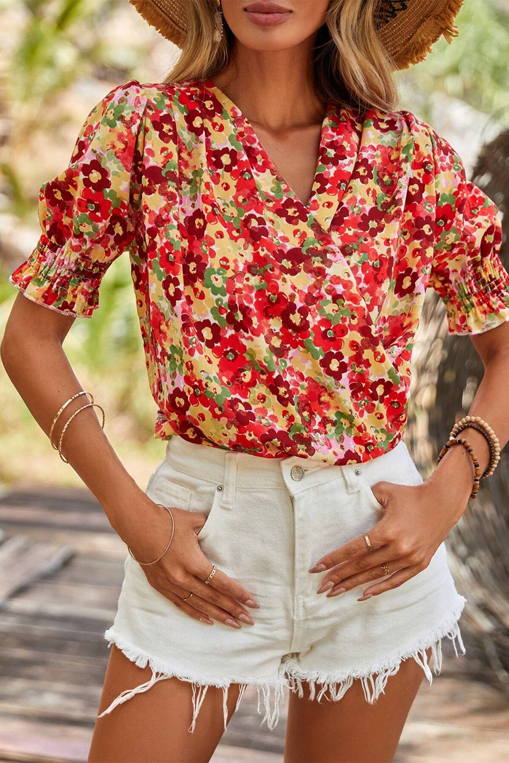 Red Floral Bubble Sleeve Pleated V Neck Wrap Blouse