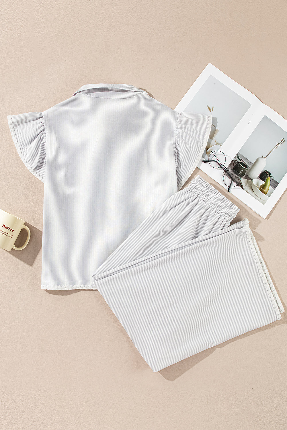 Gray Stripe Zipped up Collar Ruffled Sleeve Tee and Wide Leg Pants 2pcs Outfit