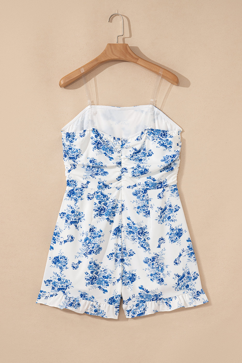 Sky Blue Floral Print Strapless Zipped Back Knot Waist Ruffled Romper
