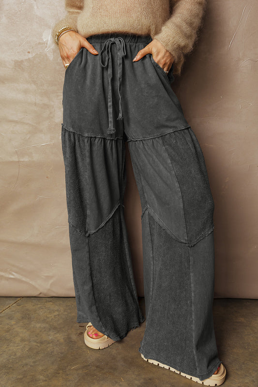 Black Mineral Wash Tiered Wide Leg Patchwork Drawstring Pants