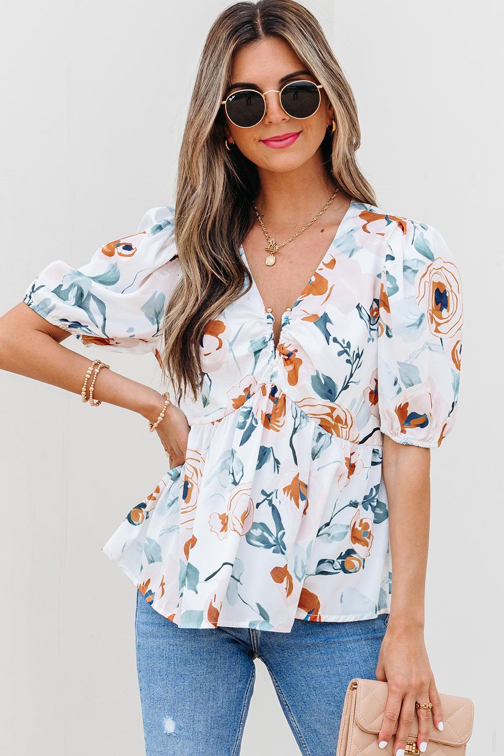 Green Floral Print Puff Sleeve V Neck Babydoll Blouse
