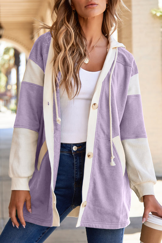 Orchid Petal Waffle Contrast Knit Color Block Patchwork Button Front Oversize Hoodie
