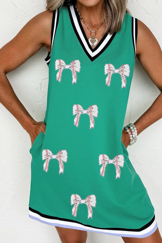 Mint Green Contrast Striped Detail Glitter Baseball Patched V Neck Tank Dress