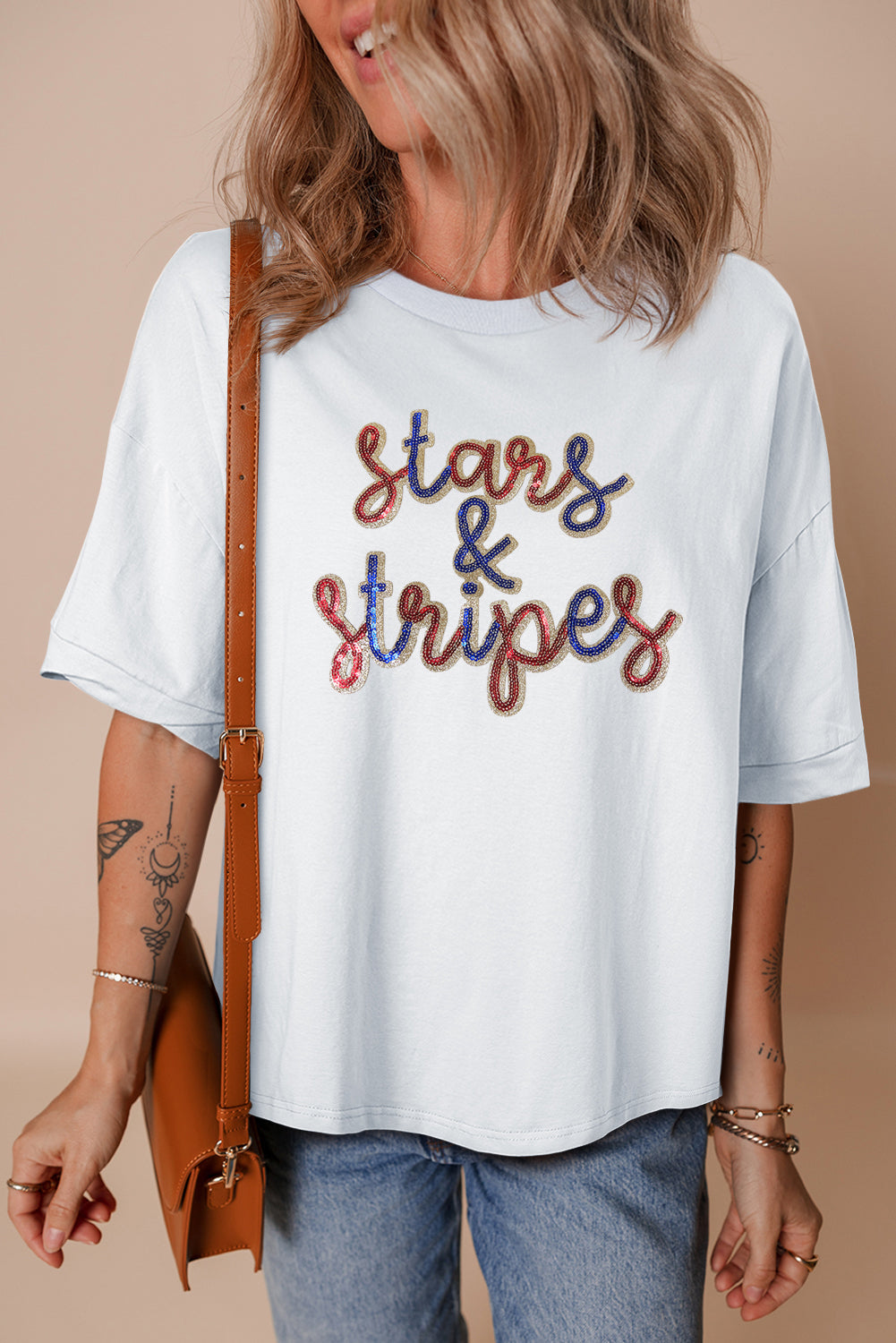 White Sequin stars & stripes Graphic Drop Shoulder Loose T Shirt