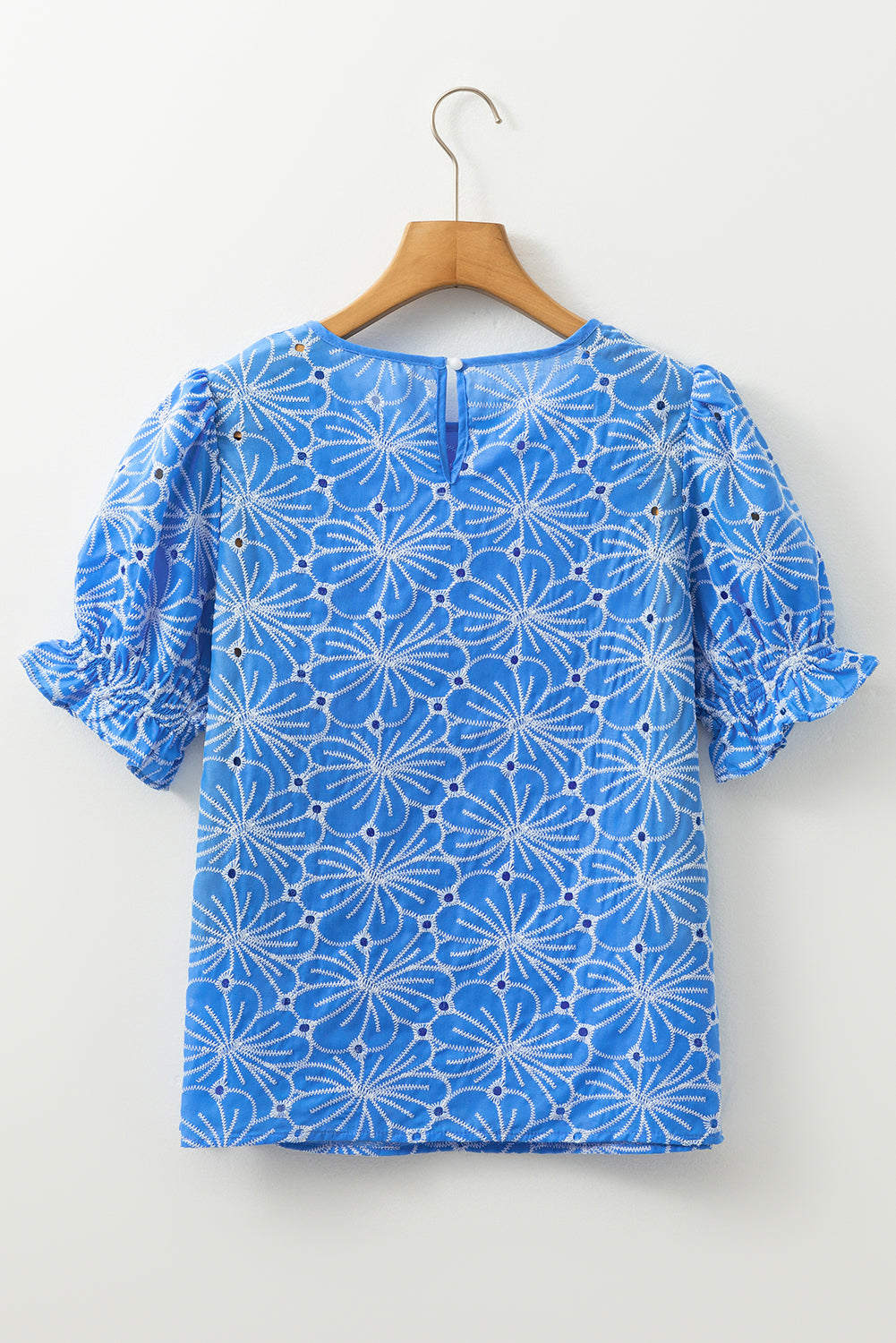 Sky Blue Eyelet Flower Embroidery Frilled Short Puff Sleeve Blouse