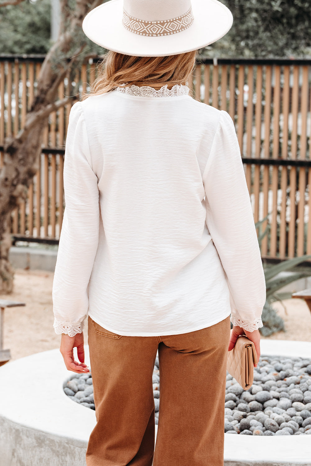 White Lace Patchwork Buttoned Stand Neck Loose Shirt