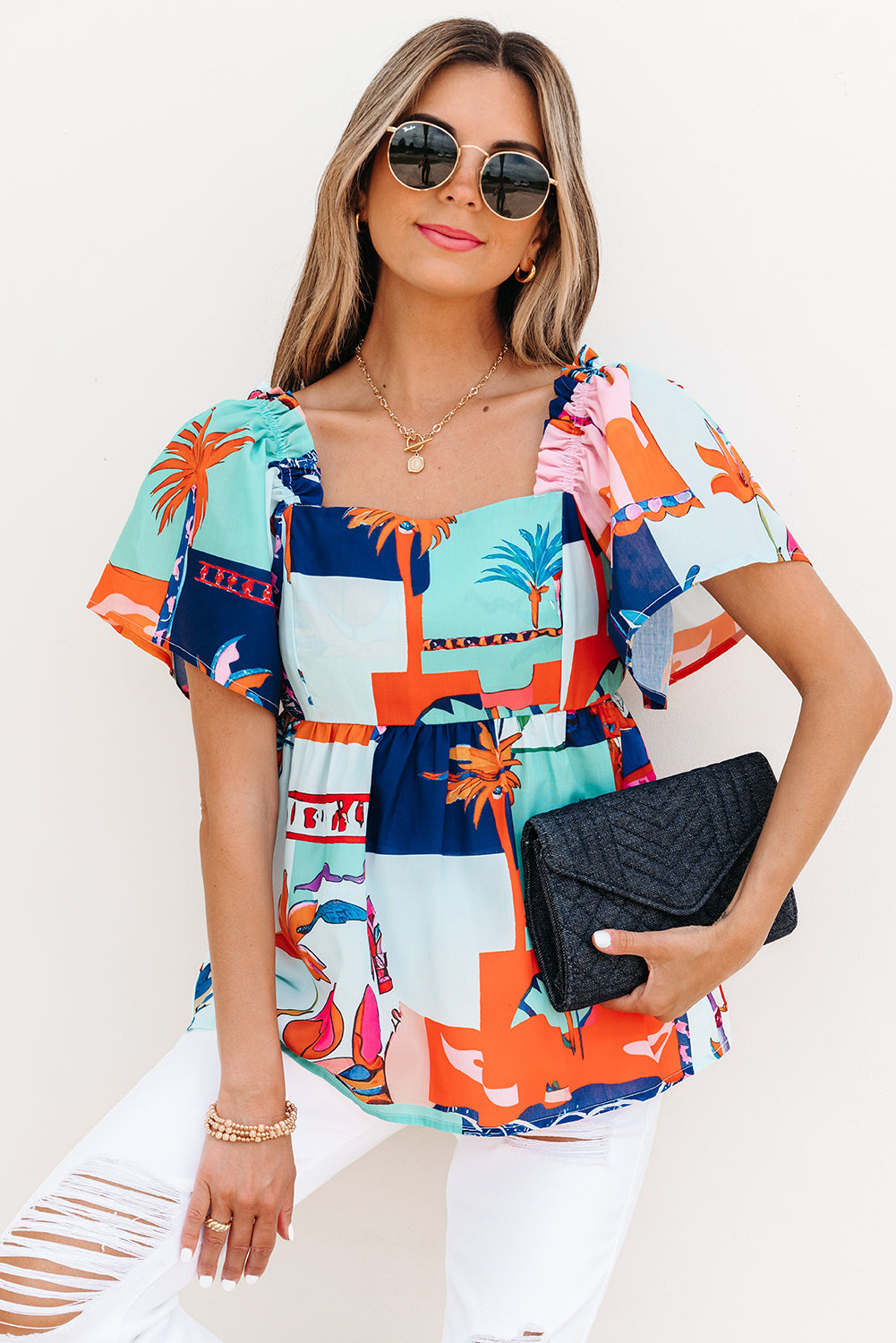 Sky Blue Tropical Printed Square Neck Flutter Sleeve Babydoll Blouse