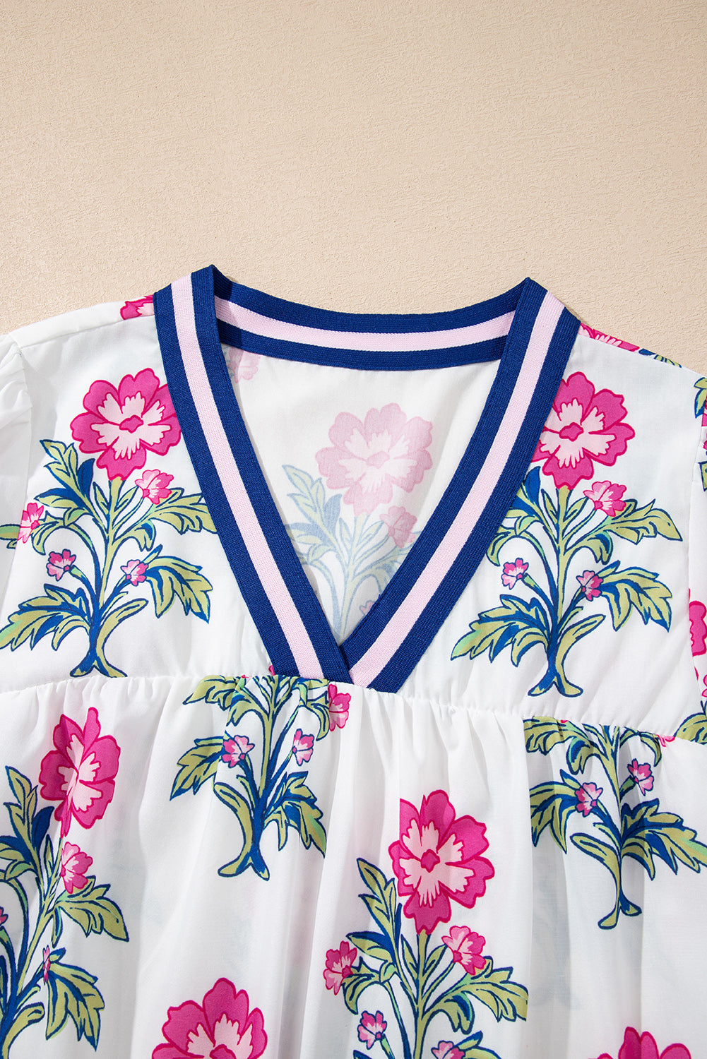 White Floral Print Striped V Neck Blouse